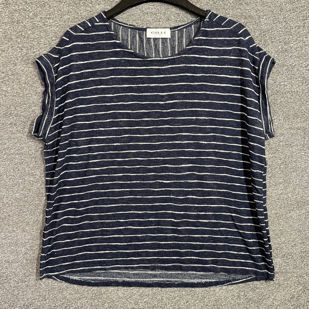 Gilli Top Womens L Navy Blue White Striped Knit Short Sleeve Rolled Cap Sleeve